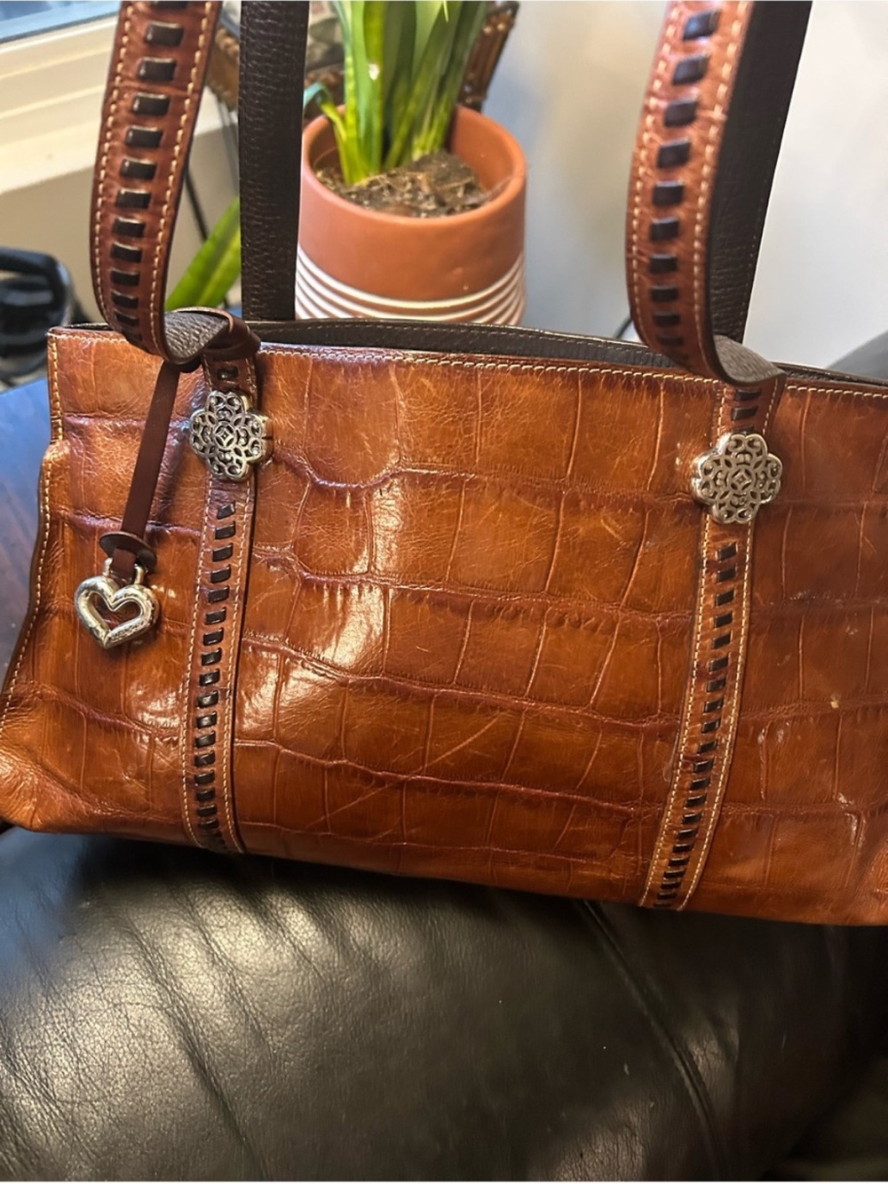 Brighton Croc-Embossed Brown Leather Shoulder Bag with Heart Charm